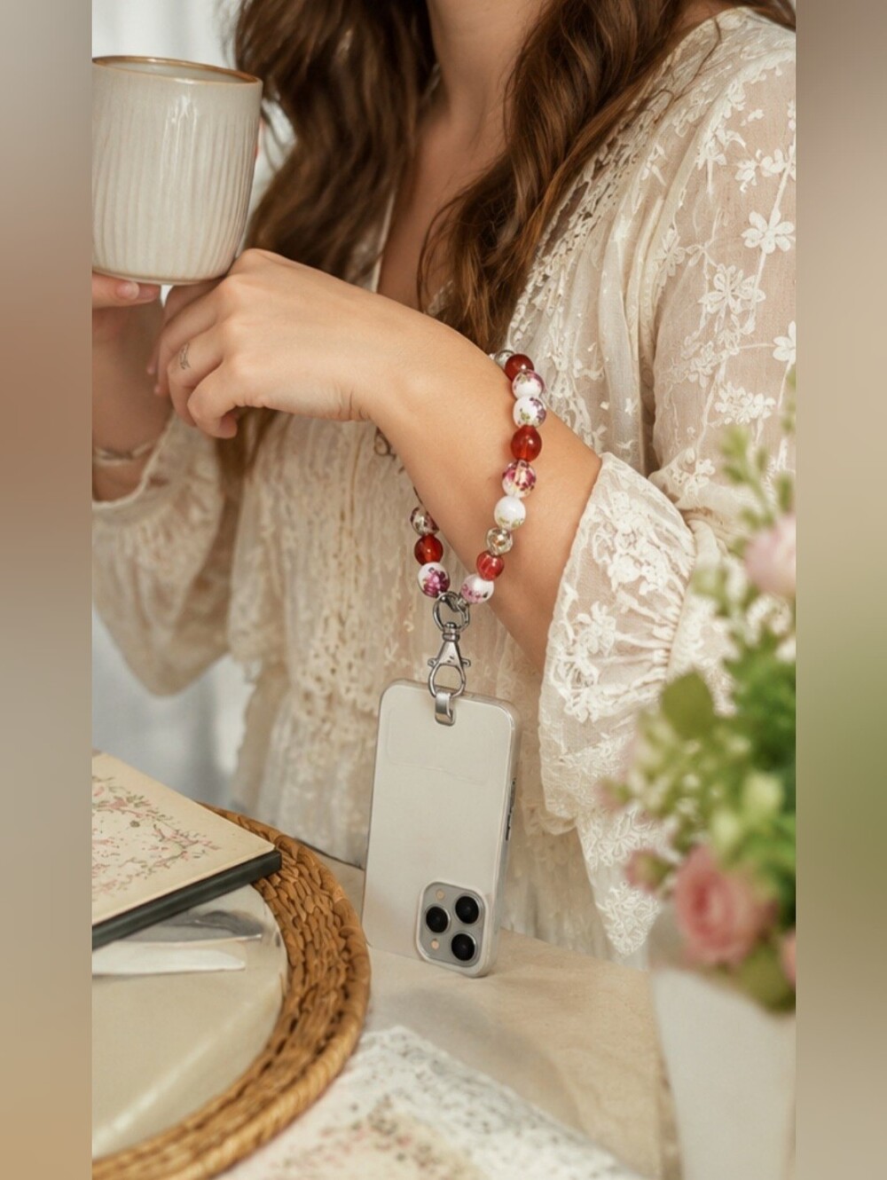 Handmade 8" Beaded Wrist Phone Lanyard Keychain Bracelet | Floral Porcelain Red
